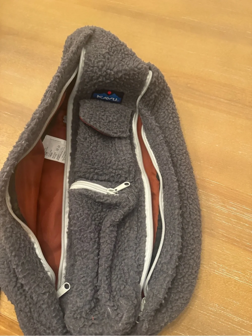 Kavu Gray Sherpa Sling Pack with Cream Trim